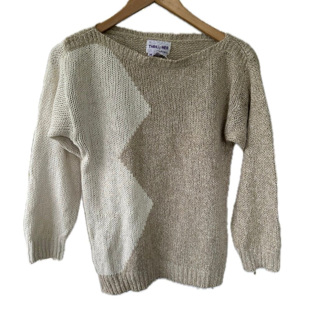 Thrill-Her By Parmell Silk Rabbit Hair Boat Neck Pullover Geometric Sweater M